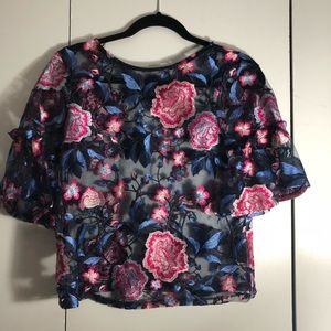 Embroidered see thru navy blue Zara top in small
